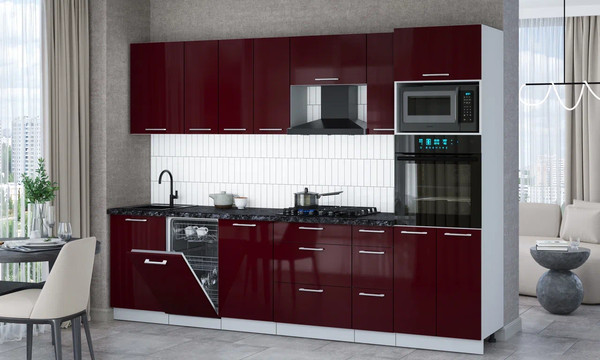 Изображение товара Кухонный гарнитур Интерлиния Мила Gloss 2.9-ПМ3 (бордовый глянец/бордовый глянец/кастилло темный)