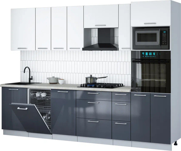 Изображение товара Кухонный гарнитур Интерлиния Мила Gloss 2.9-ПМ3 (асфальт глянец/белый/опал светлый)