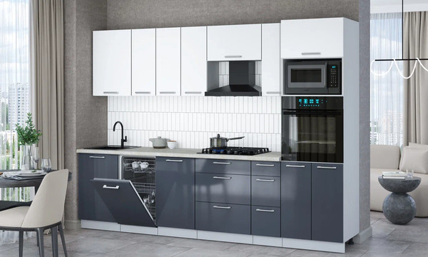 Изображение товара Кухонный гарнитур Интерлиния Мила Gloss 2.9-ПМ3 (асфальт глянец/белый/опал светлый)