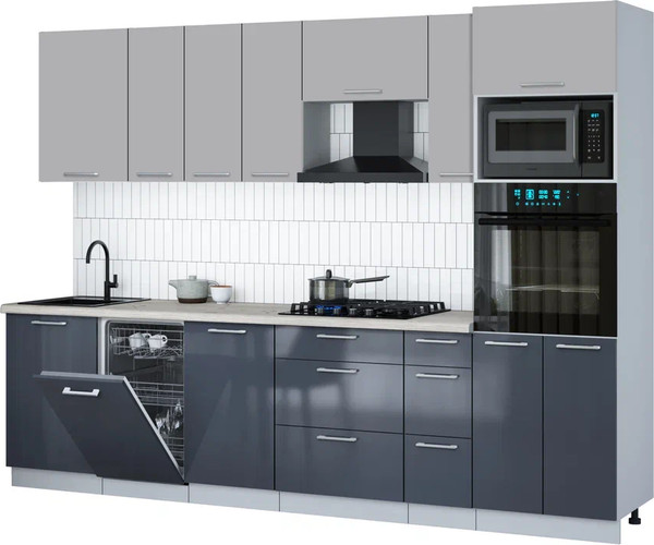 Изображение товара Кухонный гарнитур Интерлиния Мила Gloss 2.9-ПМ3 (асфальт глянец/грей/бискайская сосна)
