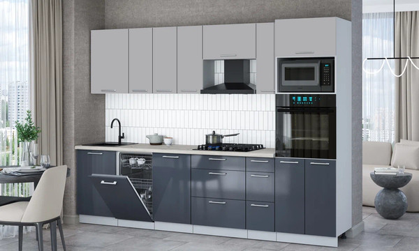 Изображение товара Кухонный гарнитур Интерлиния Мила Gloss 2.9-ПМ3 (асфальт глянец/грей/бискайская сосна)