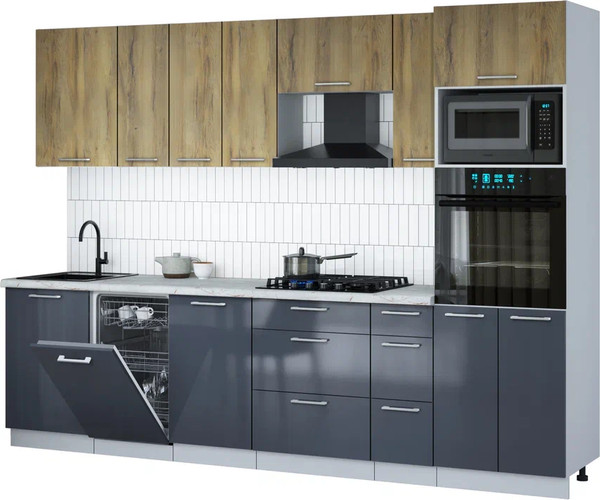 Изображение товара Кухонный гарнитур Интерлиния Мила Gloss 2.9-ПМ3 (асфальт глянец/дуб вотан/серый каспий)
