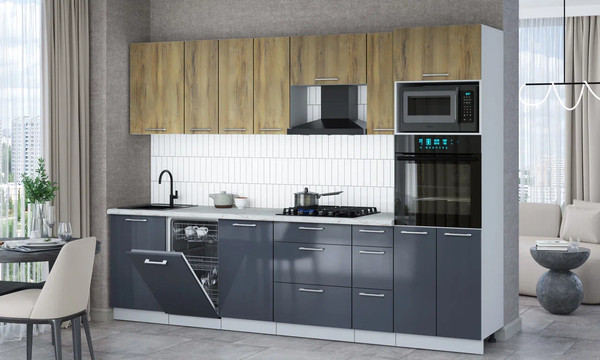 Изображение товара Кухонный гарнитур Интерлиния Мила Gloss 2.9-ПМ3 (асфальт глянец/дуб вотан/серый каспий)