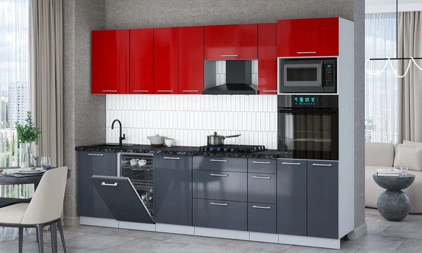 Изображение товара Кухонный гарнитур Интерлиния Мила Gloss 2.9-ПМ3 (асфальт глянец/красный глянец/кастилло темный)