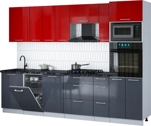 Изображение товара Кухонный гарнитур Интерлиния Мила Gloss 2.9-ПМ3 (асфальт глянец/красный глянец/кастилло темный)