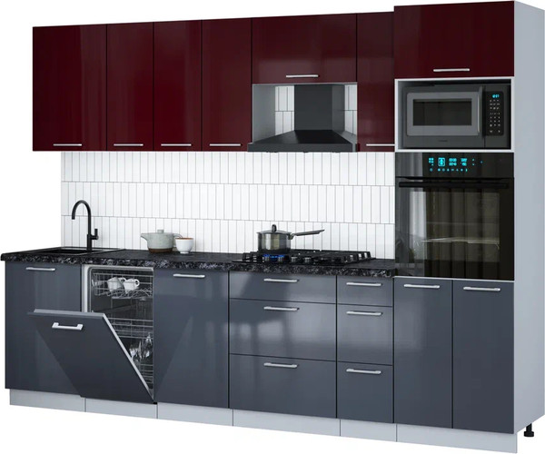 Изображение товара Кухонный гарнитур Интерлиния Мила Gloss 2.9-ПМ3 (асфальт глянец/бордовый глянец/кастилло темный)