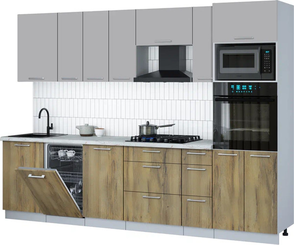 Изображение товара Кухонный гарнитур Интерлиния Мила Gloss 2.9-ПМ3 (дуб вотан/грей/серый каспий)