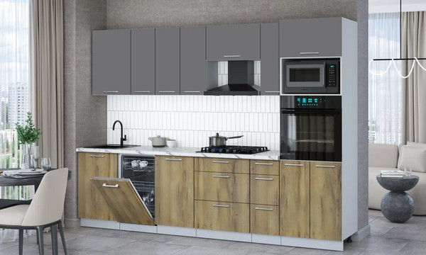 Изображение товара Кухонный гарнитур Интерлиния Мила Gloss 2.9-ПМ3 (дуб вотан/серый/белый гранит)