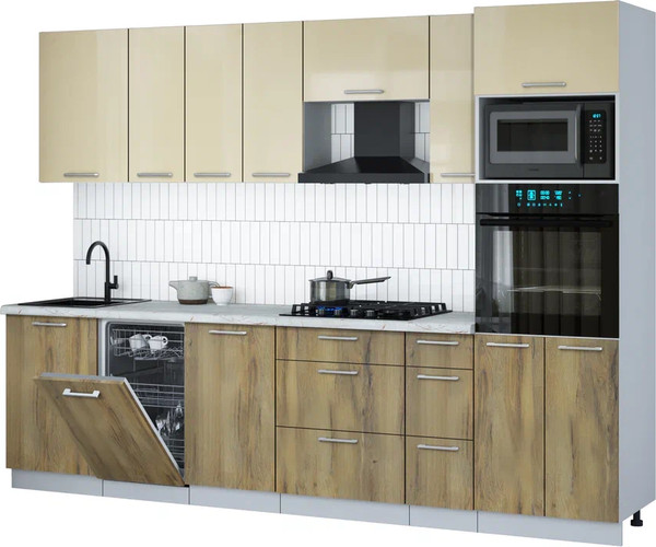 Изображение товара Кухонный гарнитур Интерлиния Мила Gloss 2.9-ПМ3 (дуб вотан/ваниль глянец/серый каспий)