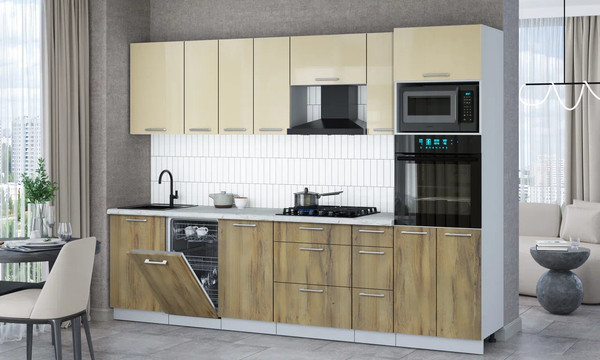 Изображение товара Кухонный гарнитур Интерлиния Мила Gloss 2.9-ПМ3 (дуб вотан/ваниль глянец/серый каспий)