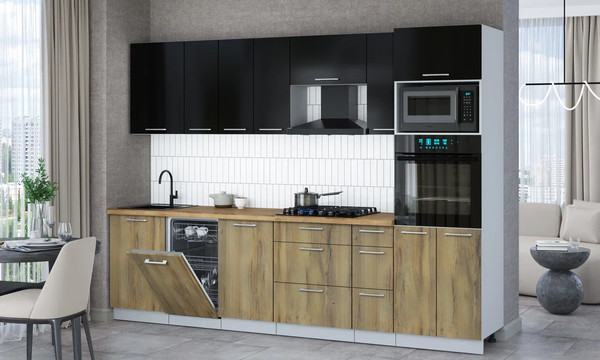 Изображение товара Кухонный гарнитур Интерлиния Мила Gloss 2.9-ПМ3 (дуб вотан/черный глянец/дуб бунратти)