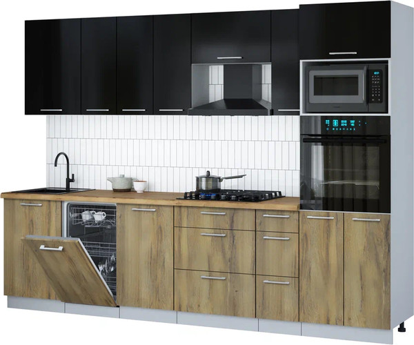 Изображение товара Кухонный гарнитур Интерлиния Мила Gloss 2.9-ПМ3 (дуб вотан/черный глянец/дуб бунратти)