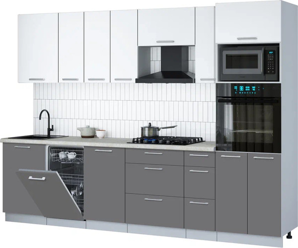 Изображение товара Кухонный гарнитур Интерлиния Мила Gloss 2.9-ПМ3 (серый/белый/опал светлый)