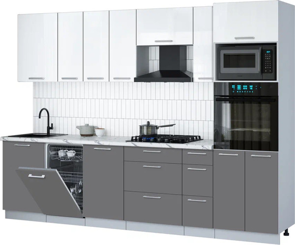 Изображение товара Кухонный гарнитур Интерлиния Мила Gloss 2.9-ПМ3 (серый/белый глянец/белый гранит)
