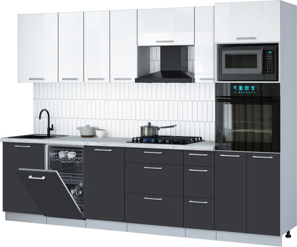 Изображение товара Кухонный гарнитур Интерлиния Мила Gloss 2.9-ПМ3 (пепел/белый глянец/серый каспий)