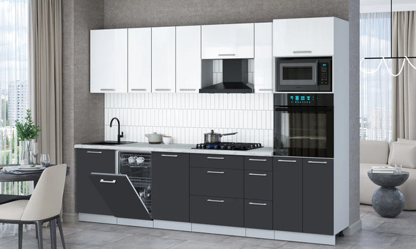 Изображение товара Кухонный гарнитур Интерлиния Мила Gloss 2.9-ПМ3 (пепел/белый глянец/серый каспий)