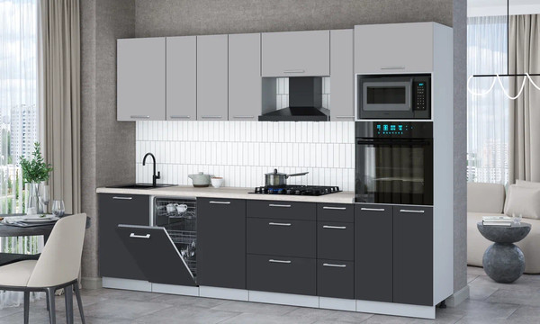 Изображение товара Кухонный гарнитур Интерлиния Мила Gloss 2.9-ПМ3 (пепел/грей/травертин серый)