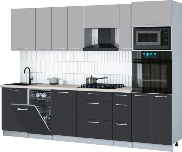 Изображение товара Кухонный гарнитур Интерлиния Мила Gloss 2.9-ПМ3 (пепел/грей/травертин серый)