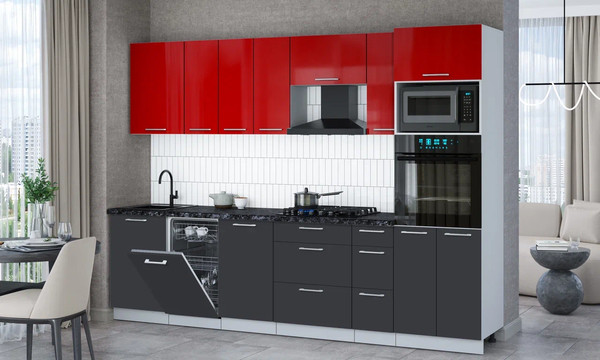Изображение товара Кухонный гарнитур Интерлиния Мила Gloss 2.9-ПМ3 (пепел/красный глянец/кастилло темный)