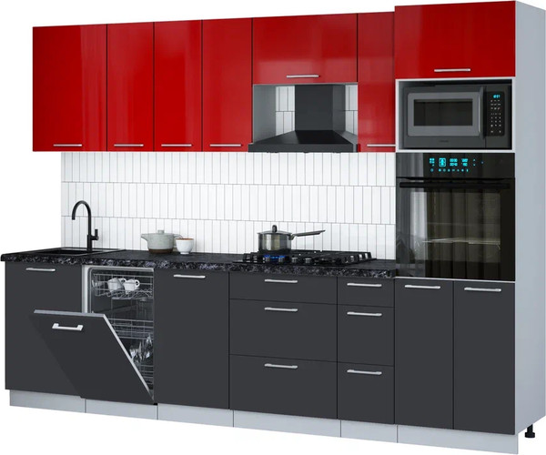 Изображение товара Кухонный гарнитур Интерлиния Мила Gloss 2.9-ПМ3 (пепел/красный глянец/кастилло темный)