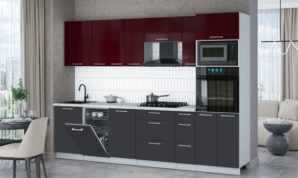 Изображение товара Кухонный гарнитур Интерлиния Мила Gloss 2.9-ПМ3 (пепел/бордовый глянец/серый каспий)