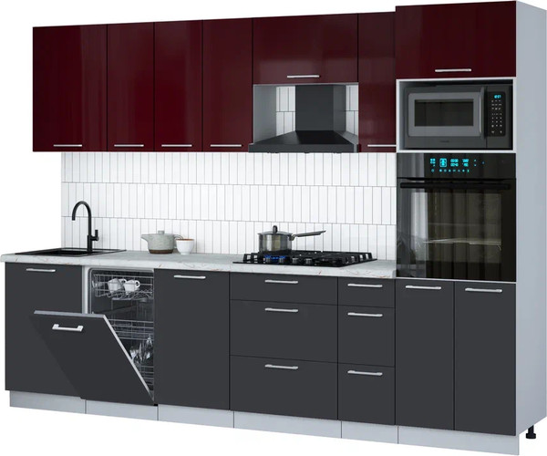 Изображение товара Кухонный гарнитур Интерлиния Мила Gloss 2.9-ПМ3 (пепел/бордовый глянец/серый каспий)