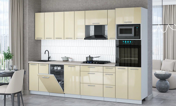 Изображение товара Кухонный гарнитур Интерлиния Мила Gloss 3.0-ПМ3 (ваниль глянец/ваниль глянец/травертин серый)