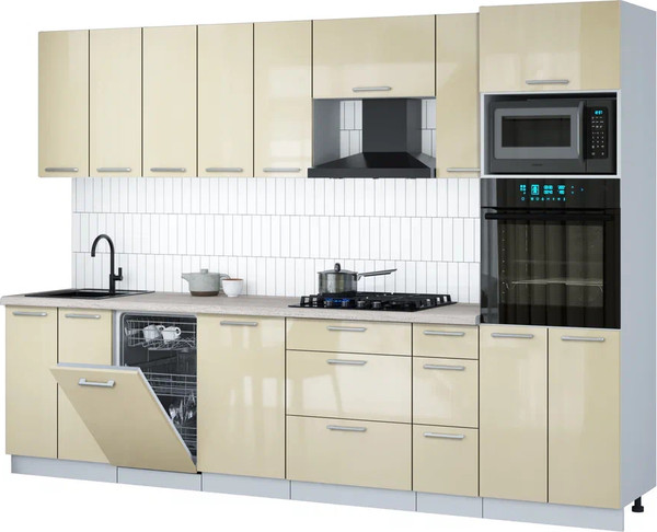 Изображение товара Кухонный гарнитур Интерлиния Мила Gloss 3.0-ПМ3 (ваниль глянец/ваниль глянец/травертин серый)