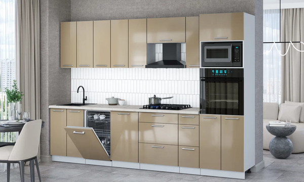 Изображение товара Кухонный гарнитур Интерлиния Мила Gloss 3.0-ПМ3 (капучино глянец/капучино глянец/бискайская сосна)