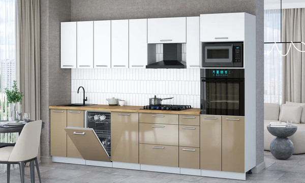 Изображение товара Кухонный гарнитур Интерлиния Мила Gloss 3.0-ПМ3 (капучино глянец/белый/дуб бунратти)