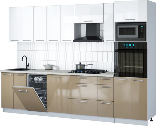 Изображение товара Кухонный гарнитур Интерлиния Мила Gloss 3.0-ПМ3 (капучино глянец/белый глянец/опал светлый)