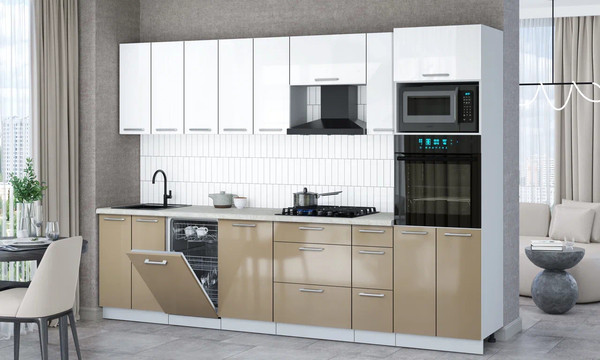 Изображение товара Кухонный гарнитур Интерлиния Мила Gloss 3.0-ПМ3 (капучино глянец/белый глянец/опал светлый)