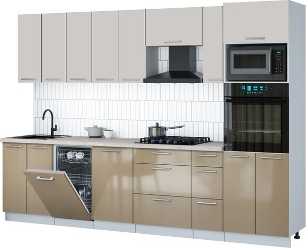 Изображение товара Кухонный гарнитур Интерлиния Мила Gloss 3.0-ПМ3 (капучино глянец/кашемир/травертин серый)