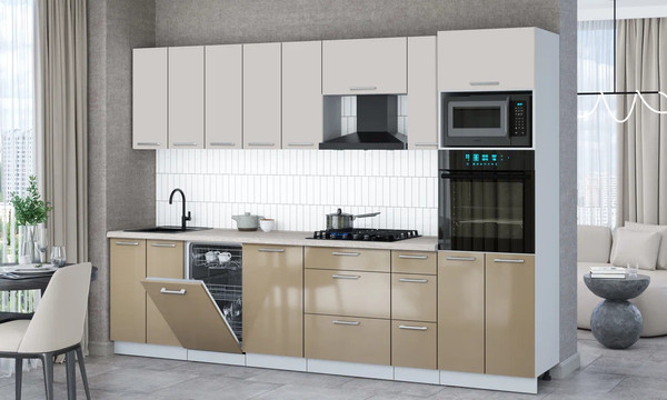 Изображение товара Кухонный гарнитур Интерлиния Мила Gloss 3.0-ПМ3 (капучино глянец/кашемир/травертин серый)