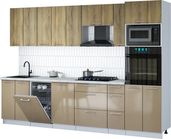 Изображение товара Кухонный гарнитур Интерлиния Мила Gloss 3.0-ПМ3 (капучино глянец/дуб вотан/серый каспий)