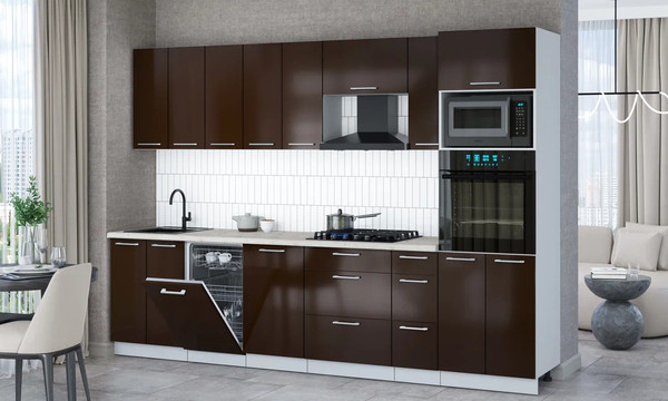 Изображение товара Кухонный гарнитур Интерлиния Мила Gloss 3.0-ПМ3 (шоколад глянец/шоколад глянец/бискайская сосна)