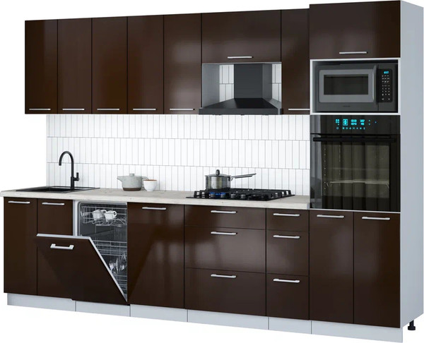 Изображение товара Кухонный гарнитур Интерлиния Мила Gloss 3.0-ПМ3 (шоколад глянец/шоколад глянец/бискайская сосна)