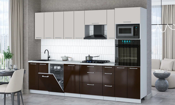 Изображение товара Кухонный гарнитур Интерлиния Мила Gloss 3.0-ПМ3 (шоколад глянец/кашемир/серый каспий)