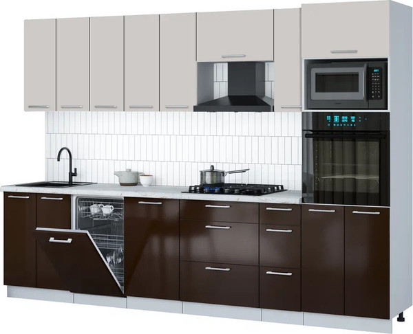 Изображение товара Кухонный гарнитур Интерлиния Мила Gloss 3.0-ПМ3 (шоколад глянец/кашемир/серый каспий)
