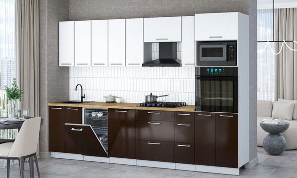 Изображение товара Кухонный гарнитур Интерлиния Мила Gloss 3.0-ПМ3 (шоколад глянец/белый/дуб бунратти)