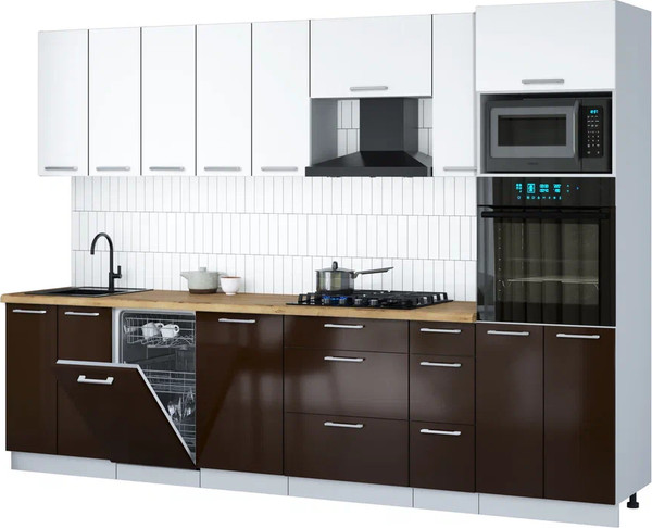 Изображение товара Кухонный гарнитур Интерлиния Мила Gloss 3.0-ПМ3 (шоколад глянец/белый/дуб бунратти)