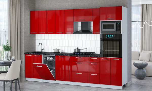 Изображение товара Кухонный гарнитур Интерлиния Мила Gloss 3.0-ПМ3 (красный глянец/красный глянец/кастилло темный)