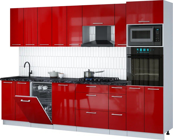 Изображение товара Кухонный гарнитур Интерлиния Мила Gloss 3.0-ПМ3 (красный глянец/красный глянец/кастилло темный)