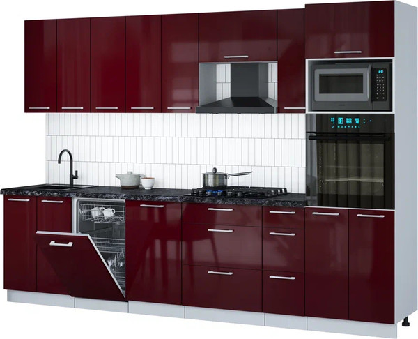 Изображение товара Кухонный гарнитур Интерлиния Мила Gloss 3.0-ПМ3 (бордовый глянец/бордовый глянец/кастилло темный)