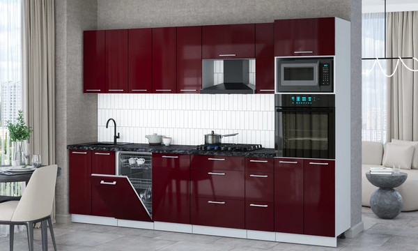 Изображение товара Кухонный гарнитур Интерлиния Мила Gloss 3.0-ПМ3 (бордовый глянец/бордовый глянец/кастилло темный)