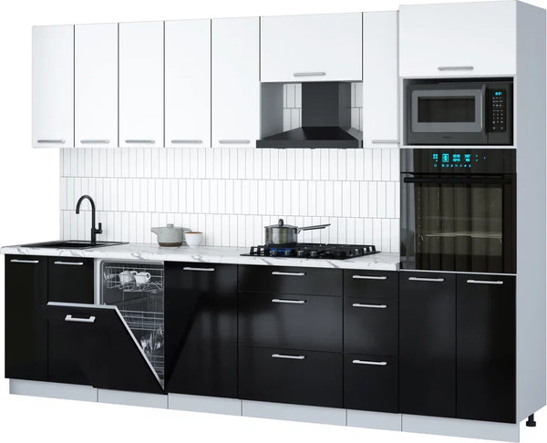 Изображение товара Кухонный гарнитур Интерлиния Мила Gloss 3.0-ПМ3 (черный глянец/белый/белый гранит)