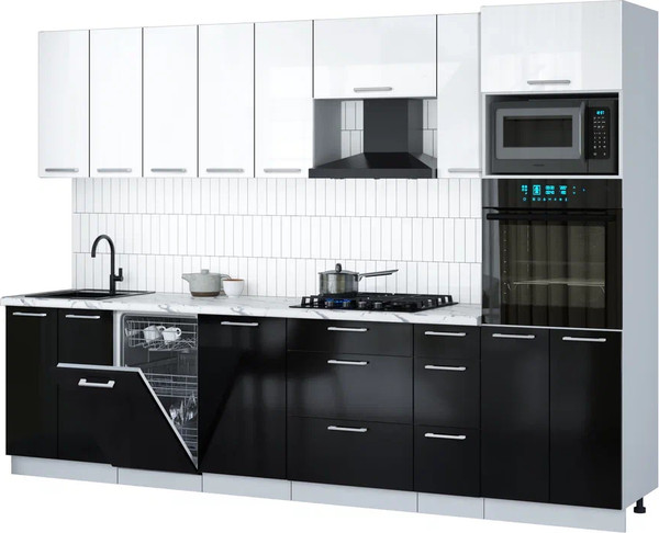 Изображение товара Кухонный гарнитур Интерлиния Мила Gloss 3.0-ПМ3 (черный глянец/белый глянец/белый гранит)