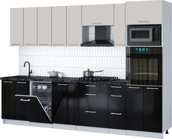 Изображение товара Кухонный гарнитур Интерлиния Мила Gloss 3.0-ПМ3 (черный глянец/кашемир/кастилло темный)