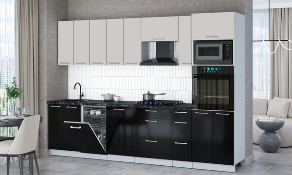 Изображение товара Кухонный гарнитур Интерлиния Мила Gloss 3.0-ПМ3 (черный глянец/кашемир/кастилло темный)