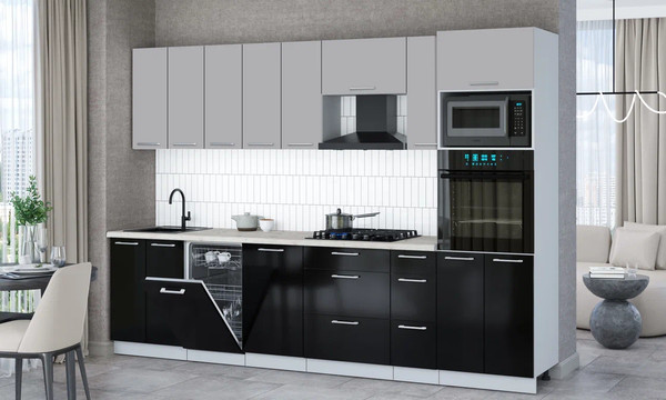 Изображение товара Кухонный гарнитур Интерлиния Мила Gloss 3.0-ПМ3 (черный глянец/грей/бискайская сосна)